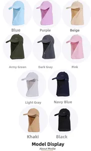Detailed color chart of sun hats with face and neck protection in ten quick-dry fabrics