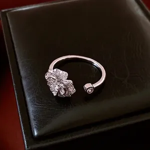 French luxury style zircon flower open ring in silver finish for a refined elegant look