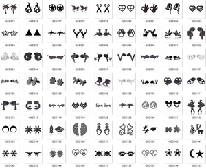 Grid layout showing various black and silver geometric stud earrings with diverse motifs