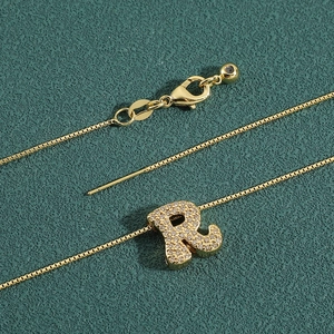 Golden S925 sterling silver box chain necklace with zircon-encrusted letter R pendant