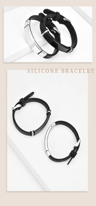 Adjustable silicone bracelets with polished metal plates in minimalist black and silver