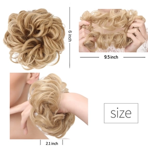 Blonde messy bun hair scrunchie extension showing size dimensions and fit for women