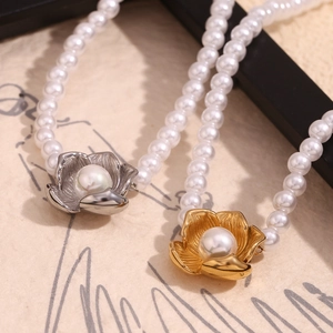 18K gold and silver plated flower pearl necklaces with white round beaded chains