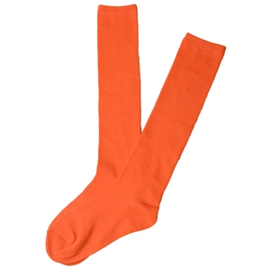 Close-up of orange three-stripe knee-high knit socks in a V-shaped flat lay arrangement