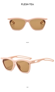 Front and side views of flesh-pink square kids sunglasses with tea-colored lenses