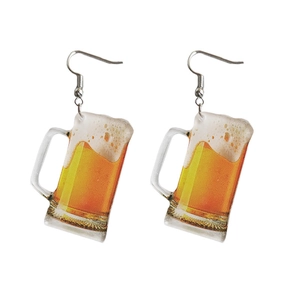 Creative beer mug earrings made of clear acrylic with yellow liquid and white foam details