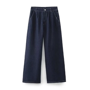 Classic dark blue wide-leg denim jeans with high waist and contrast stitching details