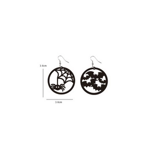 Detail view of 3.6cm Halloween bat and spider web dangle earrings in black silhouette
