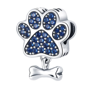 Silver pet paw and bone charm with blue zircons for DIY jewelry making and bracelets