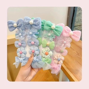 16-piece set of colorful flower and bow hair clips for girls with fabric and mesh design