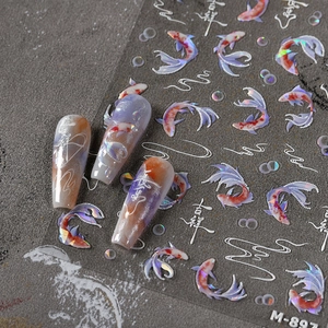 Colorful koi fish and bubble nail art stickers with iridescent chinese style patterns