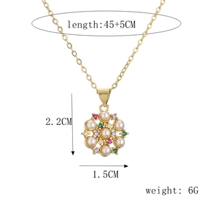 Detailed view of flower pendant with pearls and gemstones showing size 45 plus 5cm length