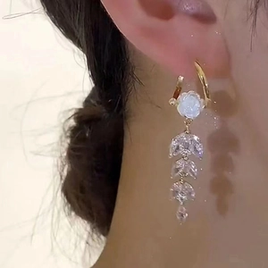 Elegant rose flower drop earrings with cubic zirconia tassels in gold finish