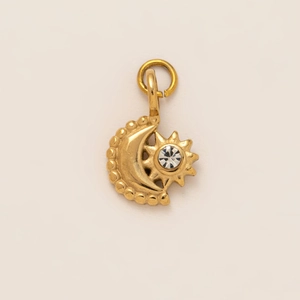 Golden crescent moon and sun pendant with clear crystal inlay for jewelry making