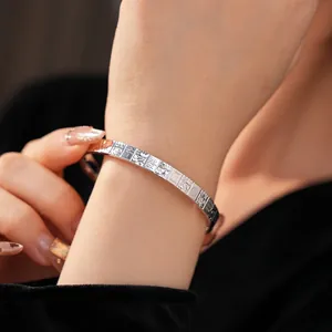 Silver Mahjong tile textured open bangle bracelet featuring minimalist Chinese characters
