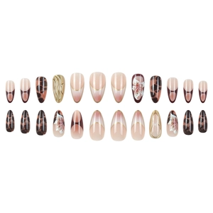 24-piece long almond press-on nails with leopard print, red French tips and 3D gold flowers