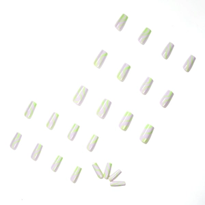 Glossy lavender long trapezoid press-on nails with green wavy patterns 24-piece set