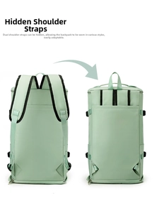 Detail of hidden shoulder straps on light green sports bag showing versatile carrying ways