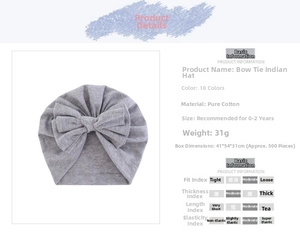 Detailed size specifications for a light grey cotton bow turban hat for infants 0-2 years