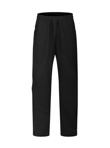 Detail view of black linen casual trousers with elastic drawstring waistband and breathable texture
