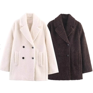 Women Double-Breasted Textured Woolen Coat Lapel Mid-Length Warm Casual Fashion Jacket Elegant Outerwear Solid Color