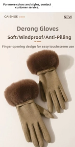 Detail of warm winter gloves in khaki showing touch screen opening and faux fur trim