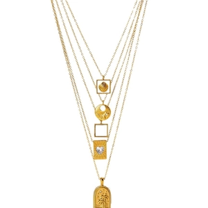 Multi-layer 18k gold plated stainless steel necklace with shell and heart pendants