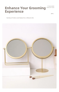 Detail of Nordic gold iron desktop makeup mirrors with round frames and sturdy stands
