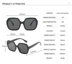 Detailed size specifications for irregular oversized polygon frame sunglasses with HD lenses