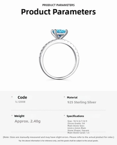Detail of S925 silver ring featuring 1.5ct blue zircon with dimensions and specifications