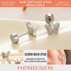 Butterfly Cartilage Stud Earrings With Titanium Steel Post Pink White Zircon Inlaid Copper Screw Back For Women