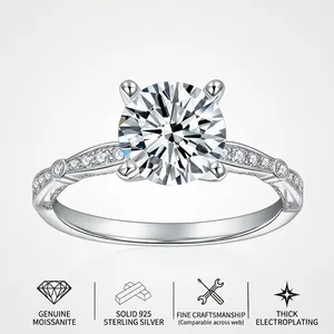 Moissanite Engagement Ring Round Brilliant Cut 925 Sterling Silver Plated Gold Twisted Band Classic Simple Women Jewelry