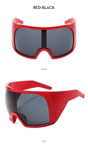 Front and side views of red wrap-around oversized sports cycling sunglasses with dark lenses