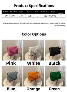 Detailed size specifications and color variants of the V-quilted faux leather crossbody bag