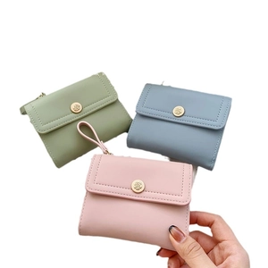 Three-fold PU leather women wallets in green, blue, and pink with rose metal snaps