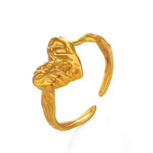 Artistic gold heart ring with lava texture and adjustable open band for women