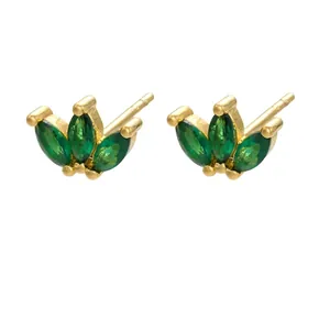 Detail showing gold brass stud earrings with green marquise stones and dimensions