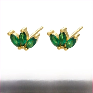 Detail showing gold brass stud earrings with green marquise stones and dimensions