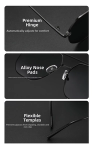 Detail view of adjustable metal hinges and comfortable nose pads on black sunglasses
