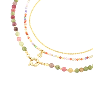 Three-layer bohemian gold necklace with colorful semi-precious beads and star pendant