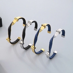 Twisted Cuff Bracelet Stainless Steel Woven Leather Cord Rhinestone Inlaid Open Bangle Men Individual Trendy Fashion Jewelry