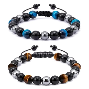 Natural Tiger Eye Hematite Obsidian Lava Rock Beaded Bracelet Adjustable Braided Rope Energy Jewelry For Men Women