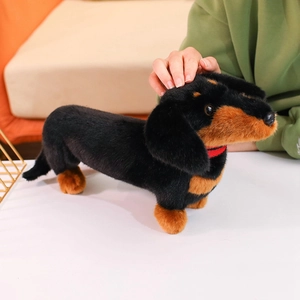 Cute black and tan dachshund plush dog toy with red collar on a warm living room background