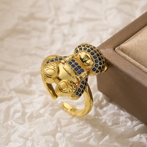 18K gold plated adjustable ring featuring a cute bear paved with blue zircon stones