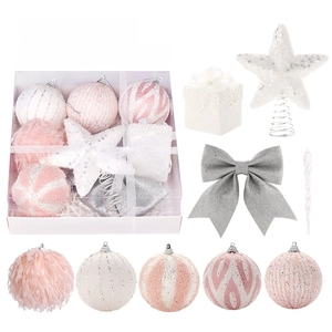 Detailed view of 18-piece pink and silver Christmas ornament set with glittery balls