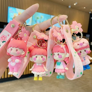 Cute cherry blossom girl silicone keychains in four styles with pink wrist straps