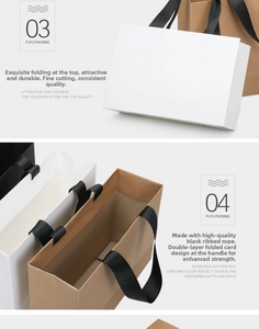 Detail of reinforced bag opening with black ribbon handles and sturdy kraft paper texture