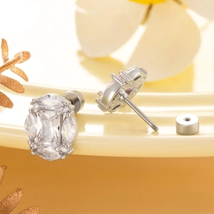 Titanium steel stud earrings with large rectangular zircon and screw back closure