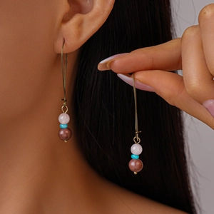 Boucles d'oreilles bohèmes vintage avec perles de quartz rose et turquoise sur bronze