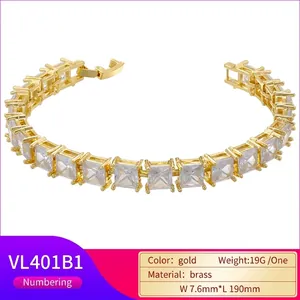 Geometric square-cut tennis bracelet in gold brass finish with clear gemstones